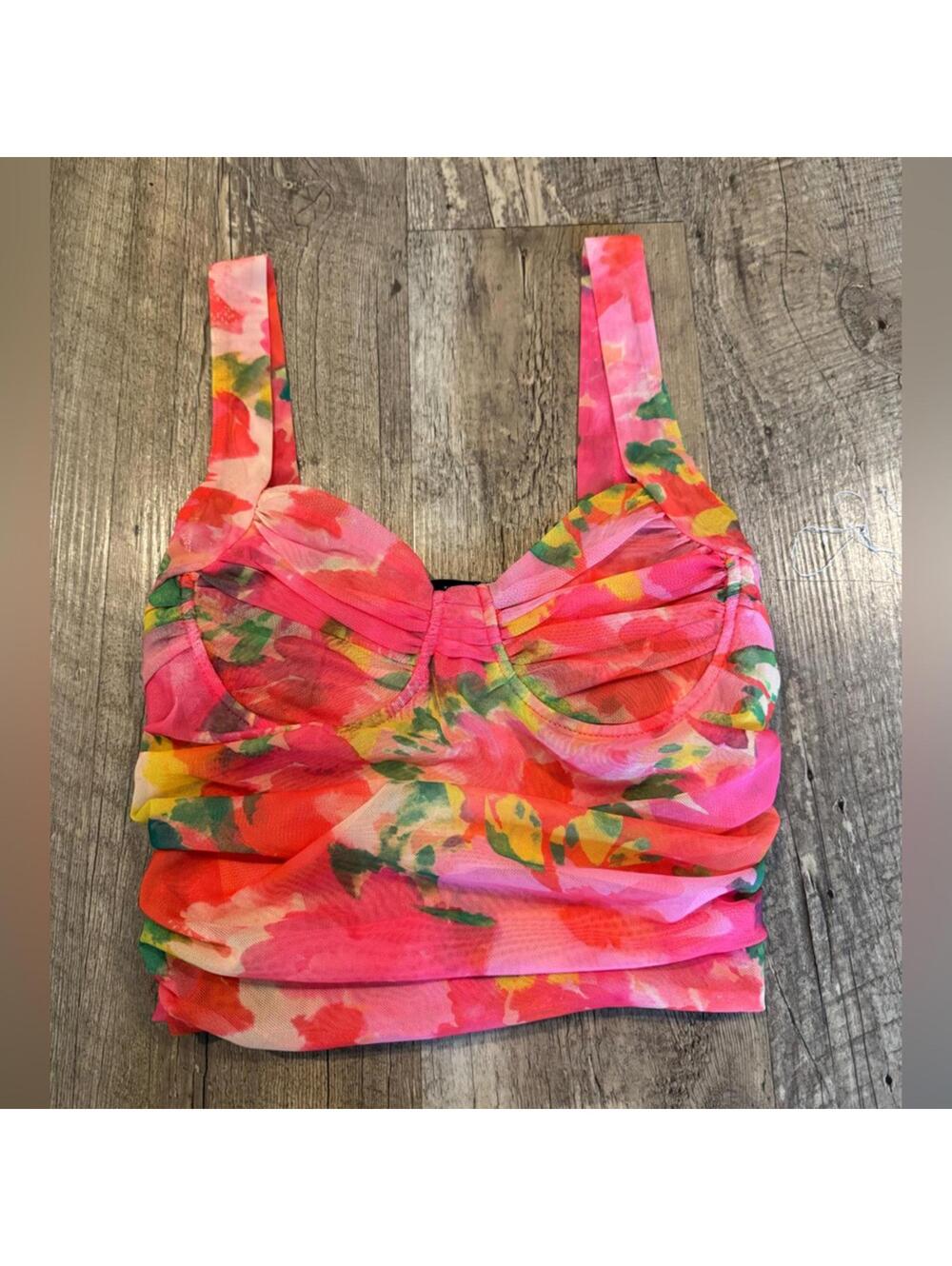 Zara Sheer Floral Pink Bustier Tank Top Small